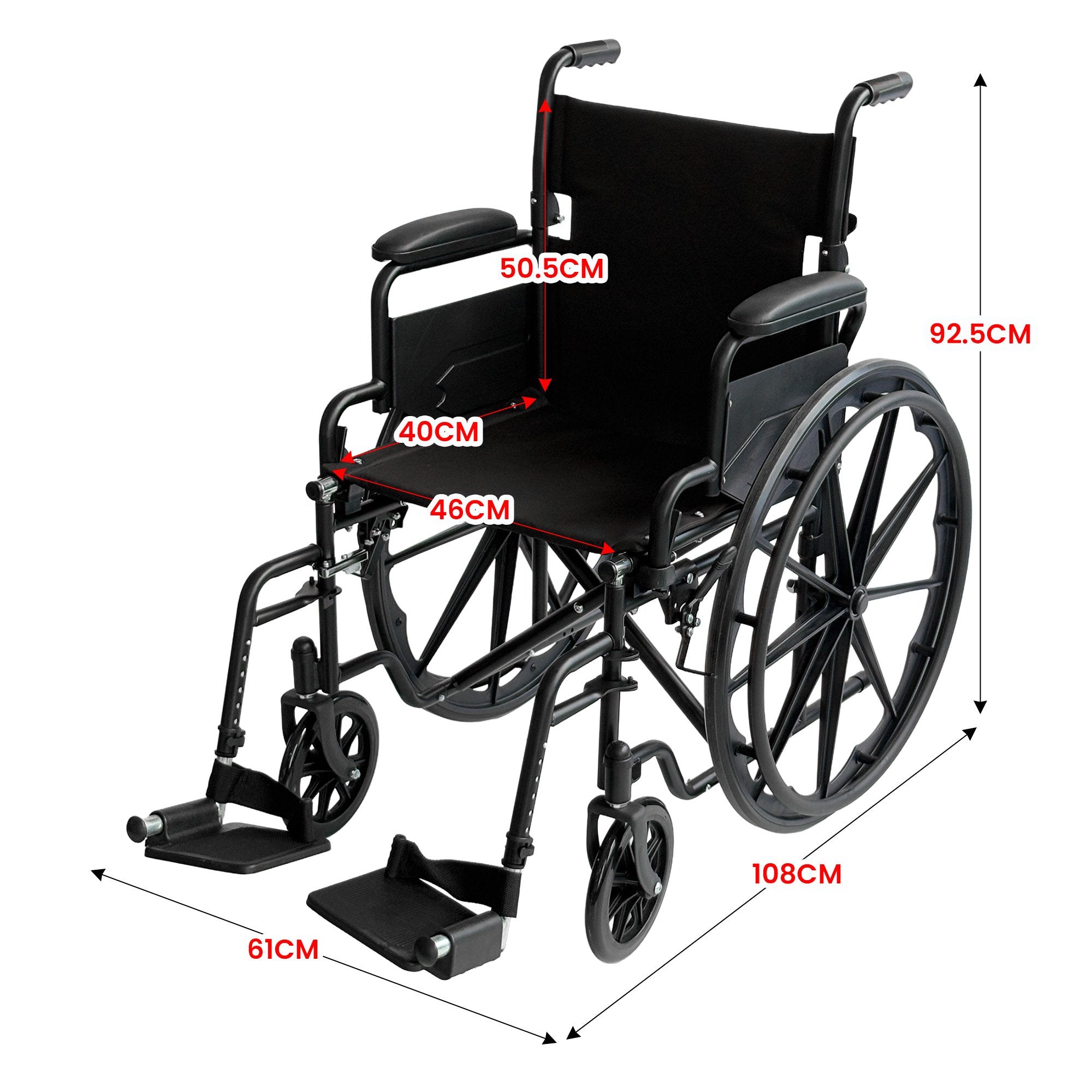 Orthonica New Steel Wheelchair In Black Foldable Lightweight Disability Aid Portable Heavy-duty 24-inch V240-WCR-MAS-025-BK