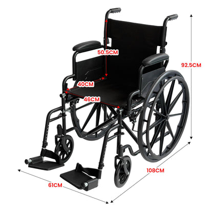 Orthonica New Steel Wheelchair In Black Foldable Lightweight Disability Aid Portable Heavy-duty 24-inch V240-WCR-MAS-025-BK