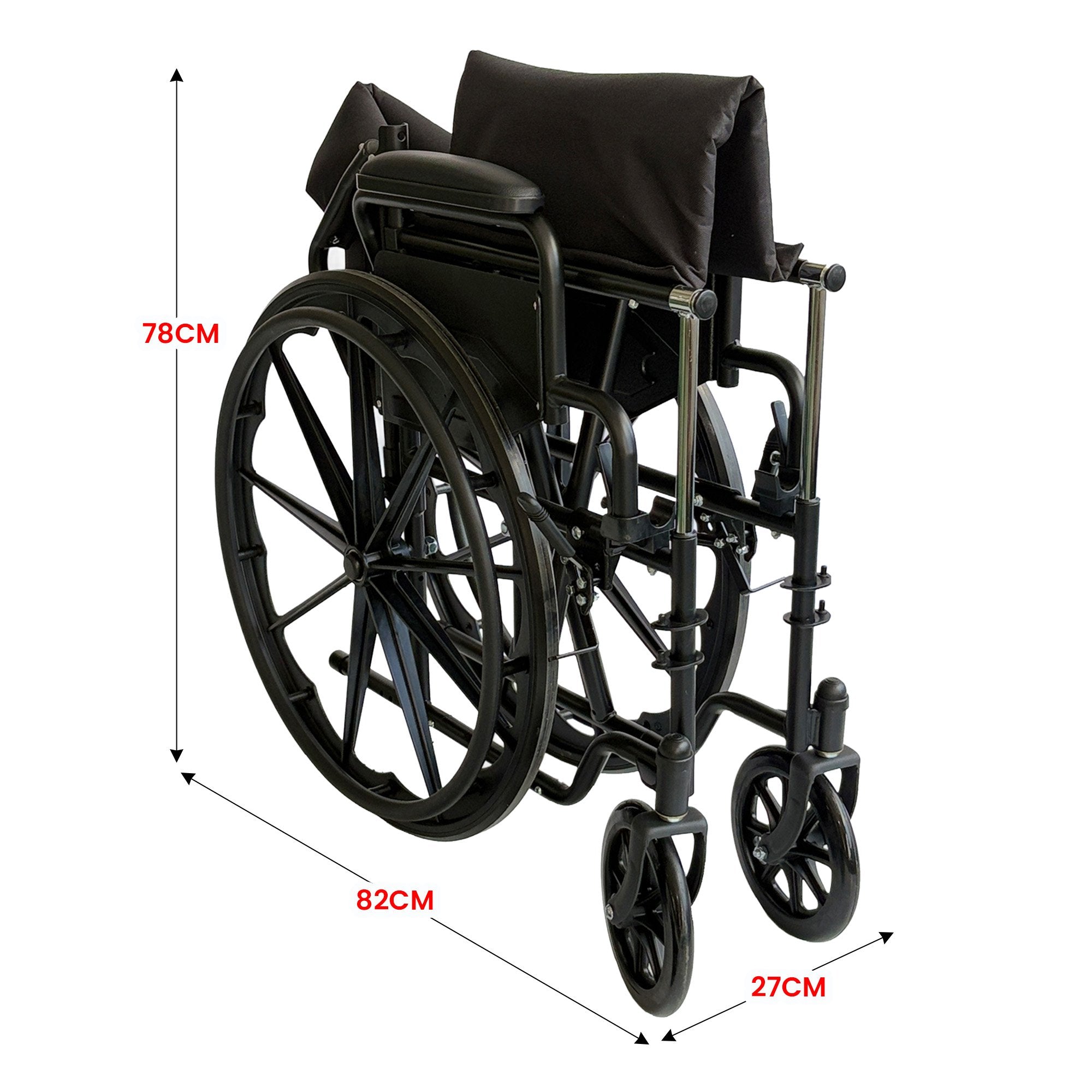 Orthonica New Steel Wheelchair In Black Foldable Lightweight Disability Aid Portable Heavy-duty 24-inch V240-WCR-MAS-025-BK