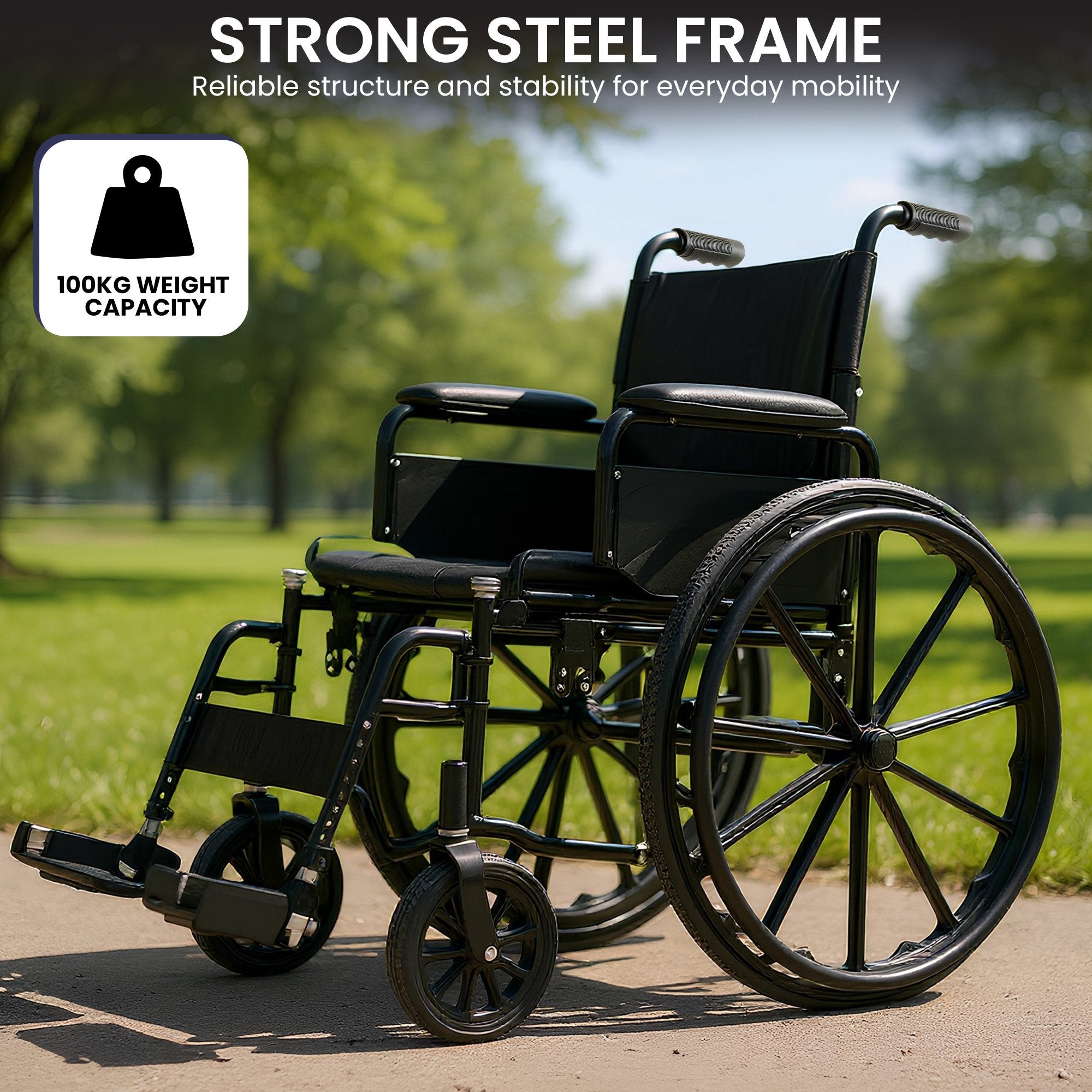 Orthonica New Steel Wheelchair In Black Foldable Lightweight Disability Aid Portable Heavy-duty 24-inch V240-WCR-MAS-025-BK