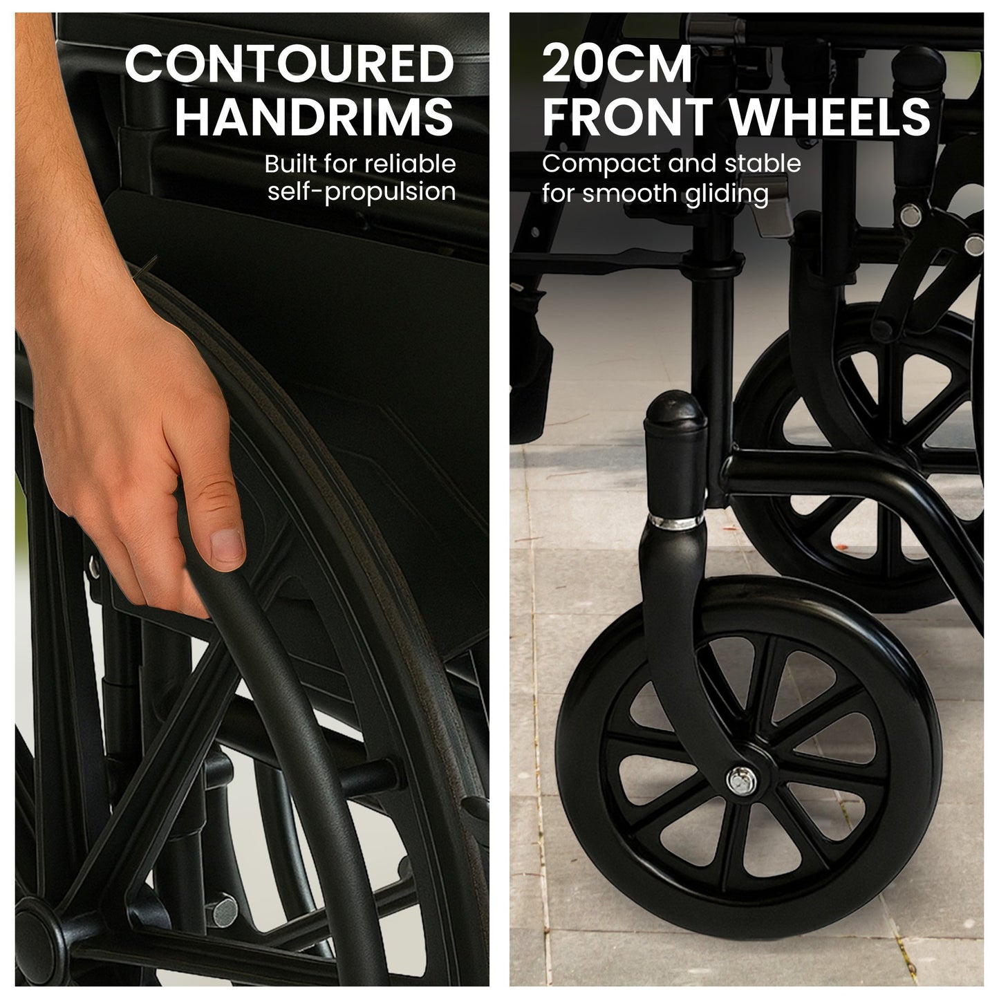 Orthonica New Steel Wheelchair In Black Foldable Lightweight Disability Aid Portable Heavy-duty 24-inch V240-WCR-MAS-025-BK