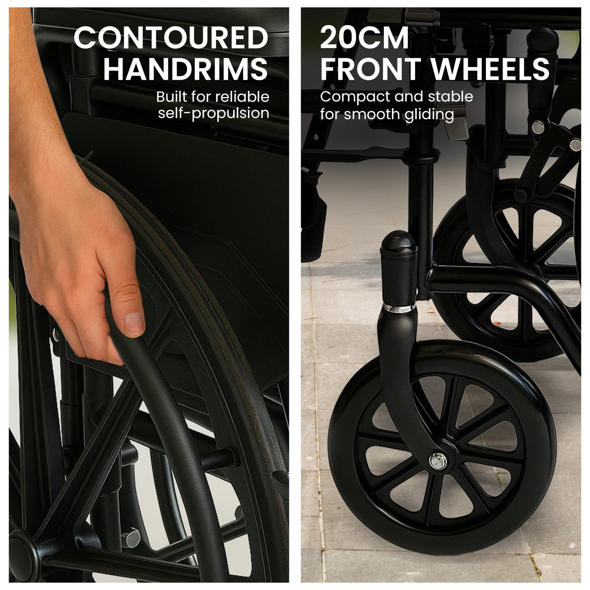 Orthonica New Steel Wheelchair In Black Foldable Lightweight Disability Aid Portable Heavy-duty 24-inch V240-WCR-MAS-025-BK