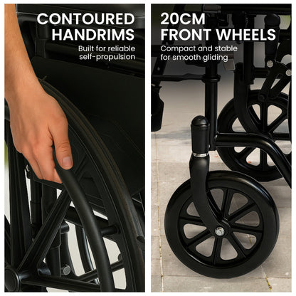 Orthonica New Steel Wheelchair In Black Foldable Lightweight Disability Aid Portable Heavy-duty 24-inch V240-WCR-MAS-025-BK