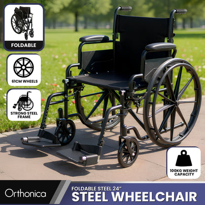 Orthonica New Steel Wheelchair In Black Foldable Lightweight Disability Aid Portable Heavy-duty 24-inch V240-WCR-MAS-025-BK