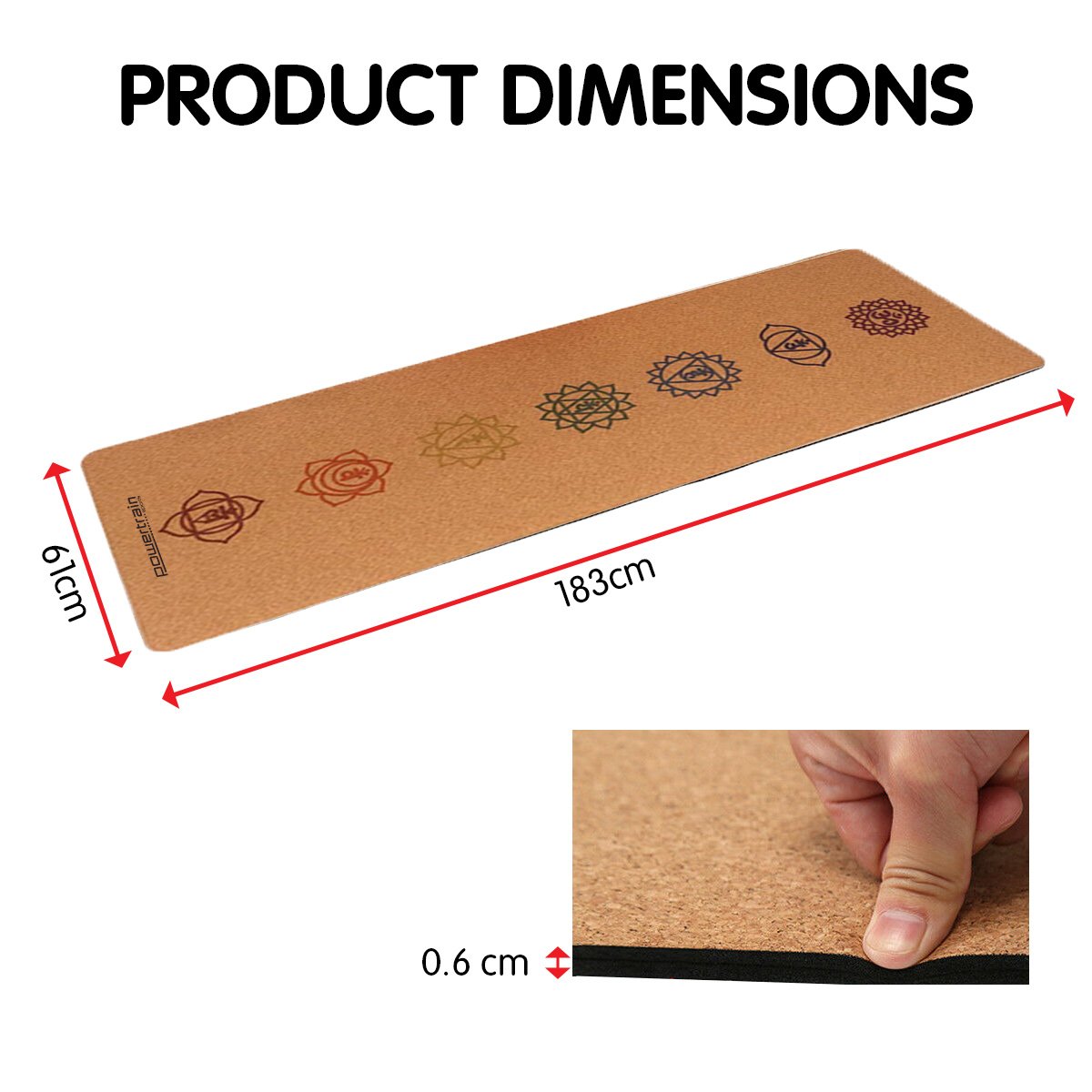 Powertrain Cork Yoga Mat with Carry Straps Home Gym Pilates - Chakras V240-YM-CRK-MPT