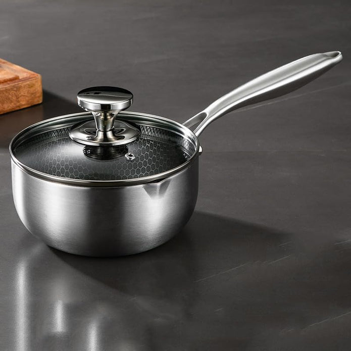 18cm 316L Stainless Steel Saucepan Compound Steel Honeycomb Nonstick Sauce Pan with Glass Lid 1.5L Pot V255-18CMMILKPOT