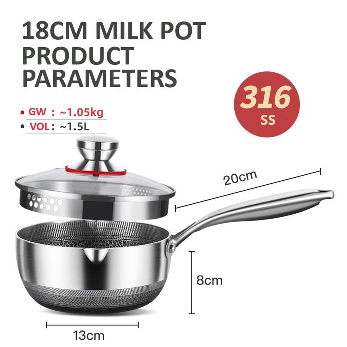 18cm 316L Stainless Steel Saucepan Compound Steel Honeycomb Nonstick Sauce Pan with Glass Lid 1.5L Pot V255-18CMMILKPOT