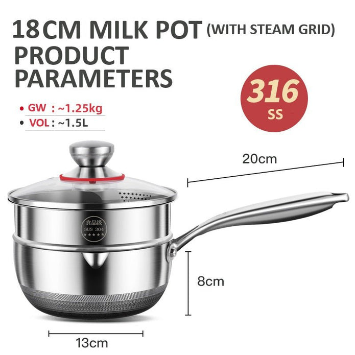 18cm 316L Stainless Steel Saucepan Compound Steel Honeycomb Nonstick Sauce Pan with Glass Lid 1.5L Pot V255-18CMMILKPOT