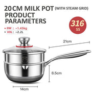 20cm 316L Stainless Steel Saucepan Compound Steel Honeycomb Nonstick Sauce Pan with Glass Lid 2.2L Pot V255-20CMMILKPOT