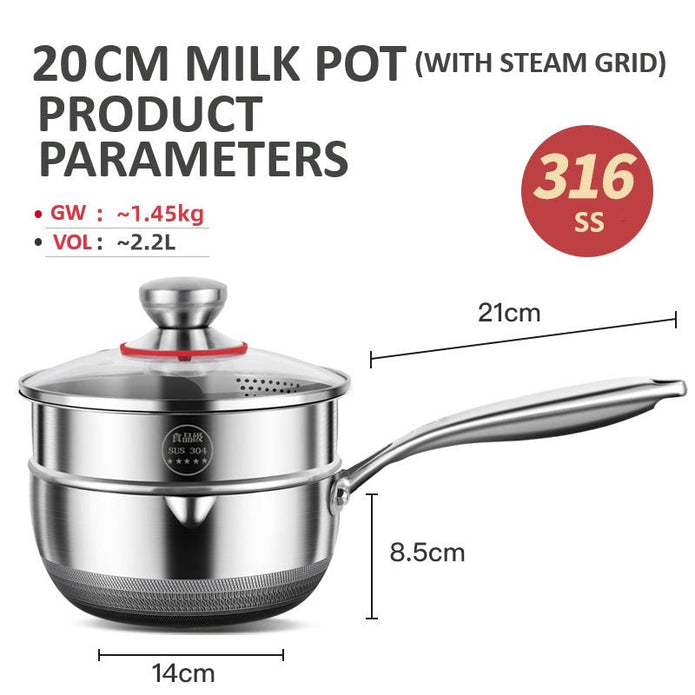 20cm 316L Stainless Steel Saucepan Compound Steel Honeycomb Nonstick Sauce Pan with Glass Lid 2.2L Pot V255-20CMMILKPOT