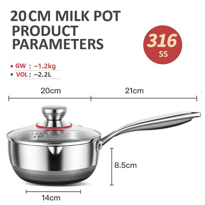 20cm 316L Stainless Steel Saucepan Compound Steel Honeycomb Nonstick Sauce Pan with Glass Lid 2.2L Pot V255-20CMMILKPOT