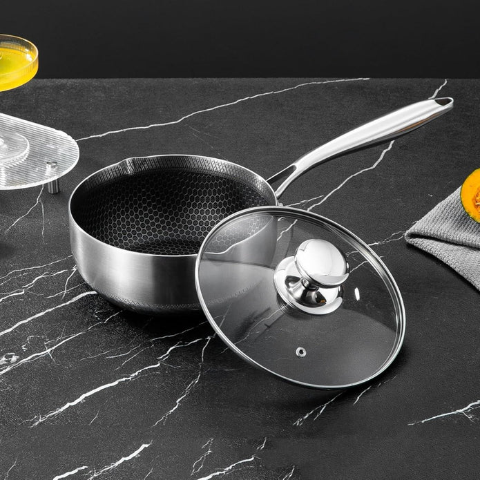 24cm 316L Stainless Steel Saucepan Compound Steel Honeycomb Nonstick Sauce Pan with Glass Lid 3.2L Pot V255-24CMMILKPOT