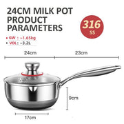 24cm 316L Stainless Steel Saucepan Compound Steel Honeycomb Nonstick Sauce Pan with Glass Lid 3.2L Pot V255-24CMMILKPOT