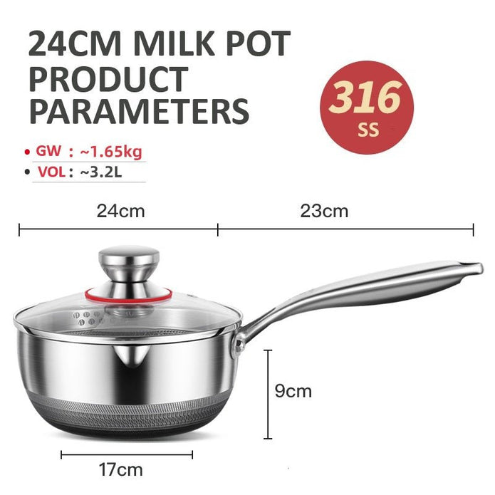 24cm 316L Stainless Steel Saucepan Compound Steel Honeycomb Nonstick Sauce Pan with Glass Lid 3.2L Pot V255-24CMMILKPOT