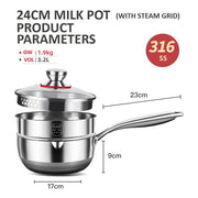 24cm 316L Stainless Steel Saucepan Compound Steel Honeycomb Nonstick Sauce Pan with Glass Lid 3.2L Pot V255-24CMMILKPOT
