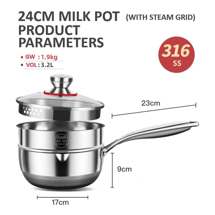 24cm 316L Stainless Steel Saucepan Compound Steel Honeycomb Nonstick Sauce Pan with Glass Lid 3.2L Pot V255-24CMMILKPOT
