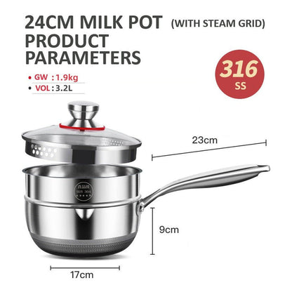 24cm 316L Stainless Steel Saucepan Compound Steel Honeycomb Nonstick Sauce Pan with Glass Lid 3.2L Pot V255-24CMMILKPOT