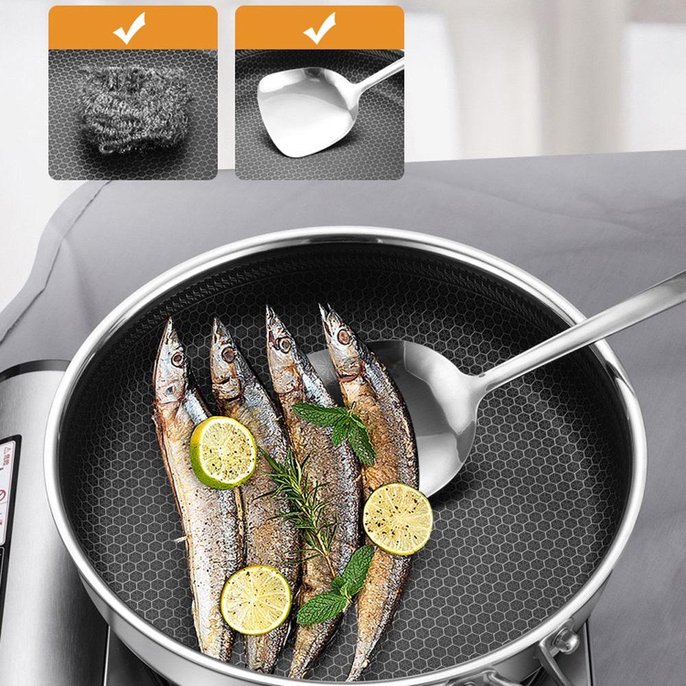 304 Stainless Steel Frying Pan Non-Stick Cooking Frypan Cookware 28cm Honeycomb Double Sided without lid V255-304-28CM-PAN-2SIDE