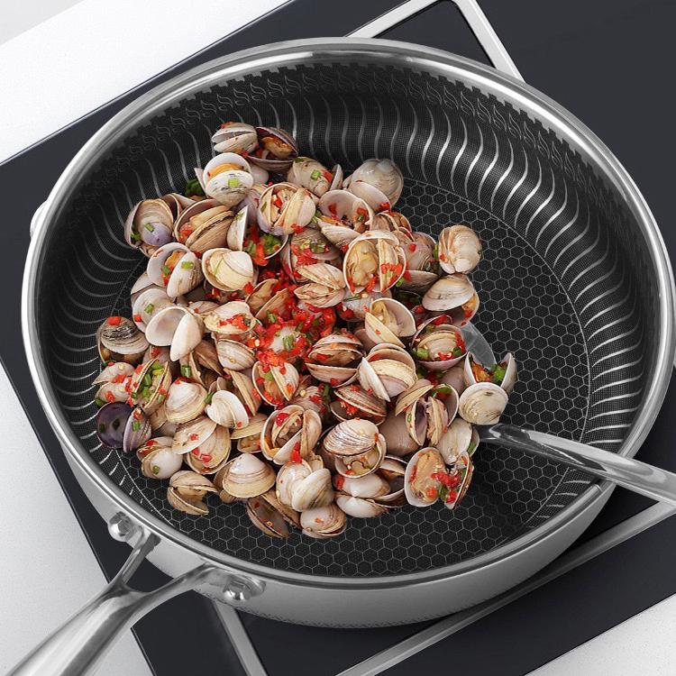 Stainless Steel Frying Pan Non-Stick Cooking Frypan Cookware 32cm Honeycomb Double Sided V255-304-32CM-PAN-LID-2SIDE
