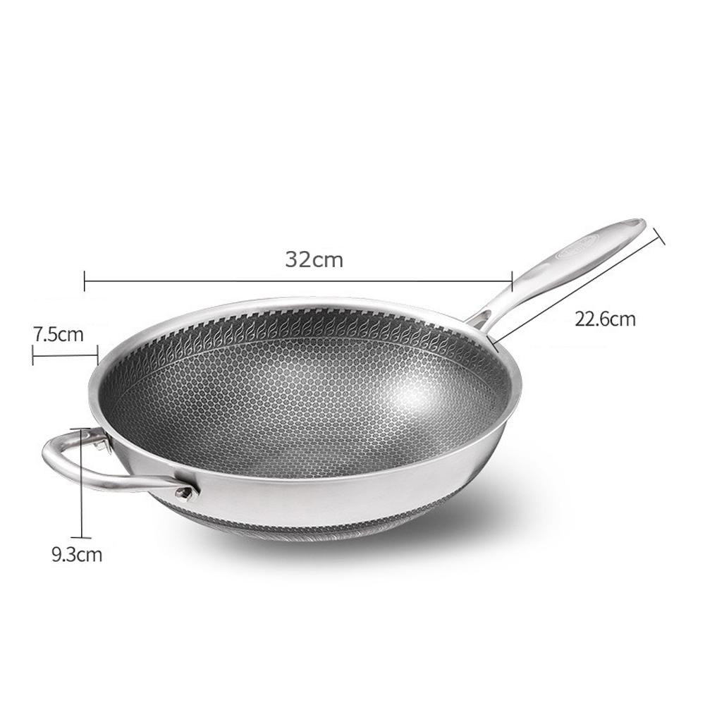 32cm 304 Stainless Steel Non-Stick Stir Fry Cooking Kitchen Honeycomb Wok Pan with Lid V255-304_WOK_32_LID