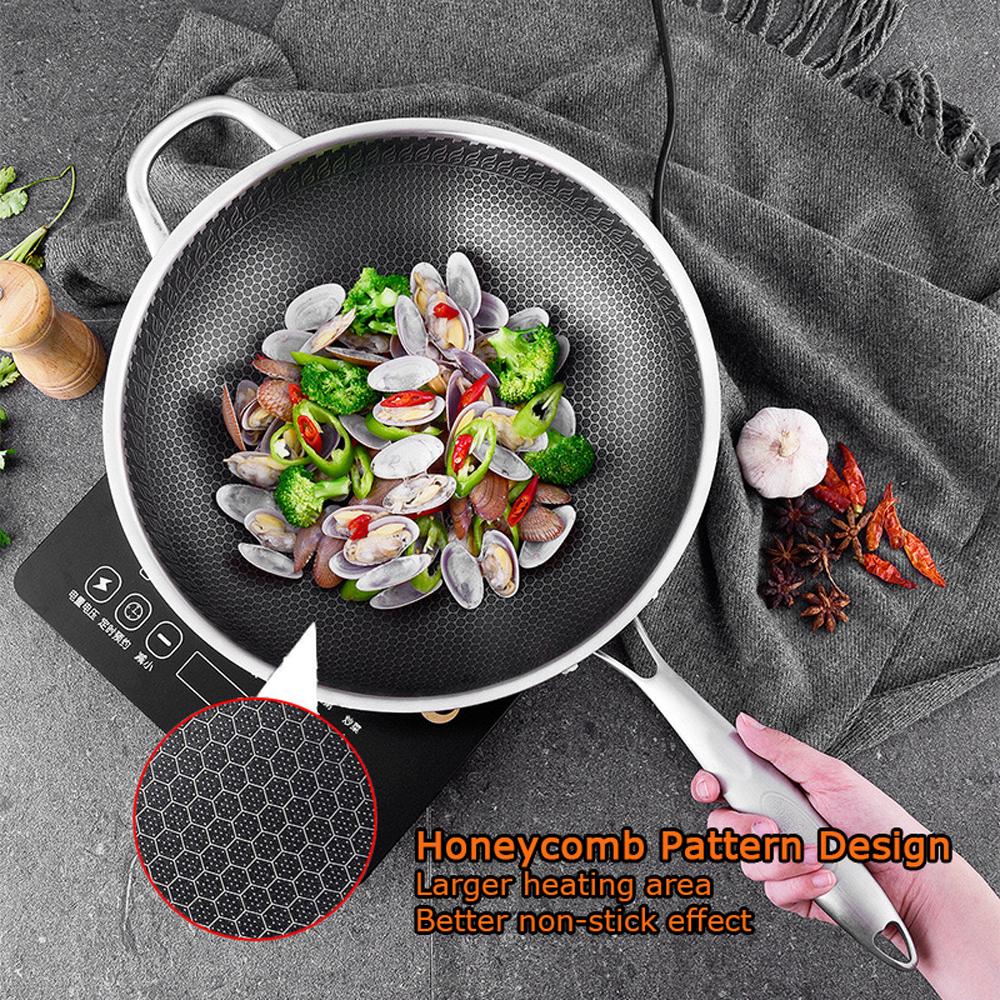 32cm 304 Stainless Steel Non-Stick Stir Fry Cooking Kitchen Honeycomb Wok Pan with Lid V255-304_WOK_32_LID
