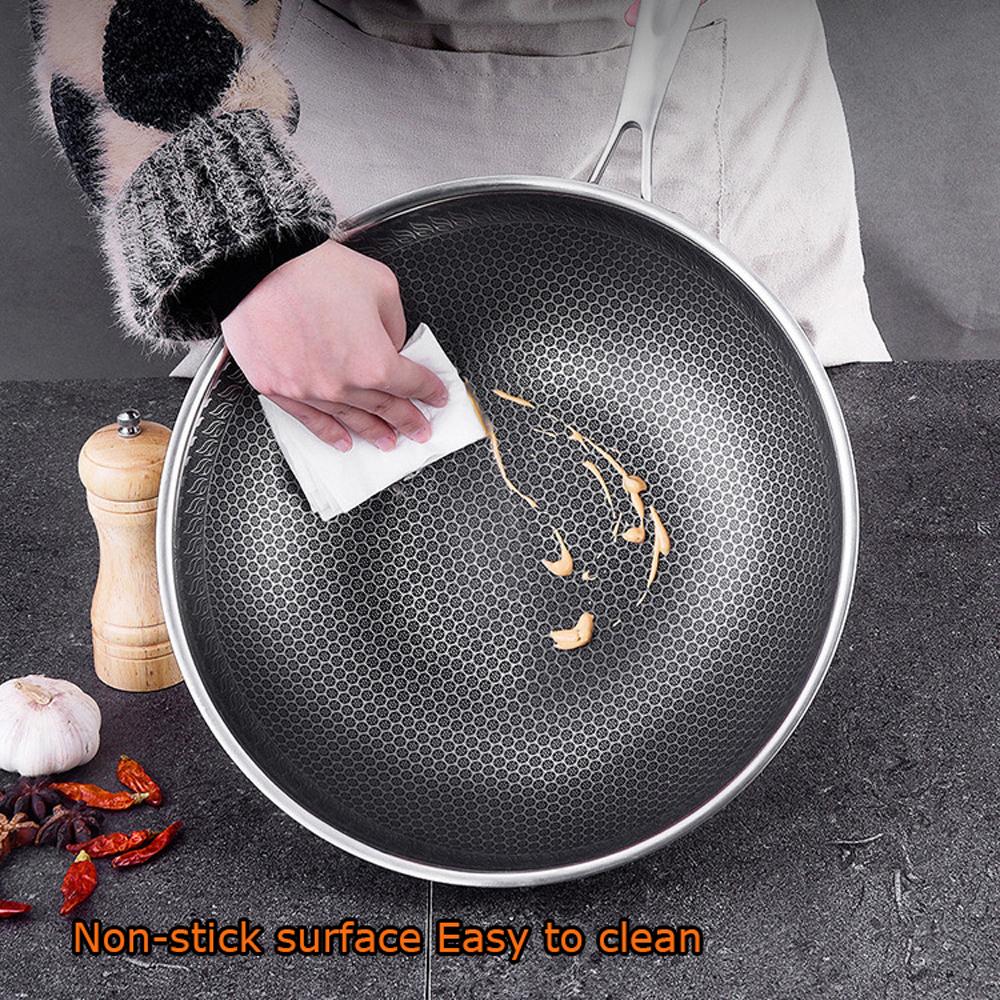 32cm 304 Stainless Steel Non-Stick Stir Fry Cooking Kitchen Honeycomb Wok Pan with Lid V255-304_WOK_32_LID