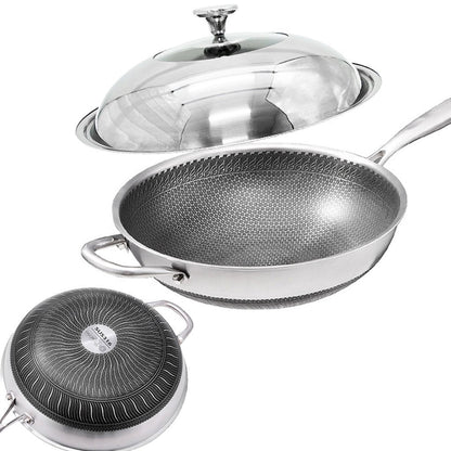 32cm 316 Stainless Steel Non-Stick Stir Fry Cooking Kitchen Wok Pan with Lid Honeycomb Double Sided V255-316-32-LID