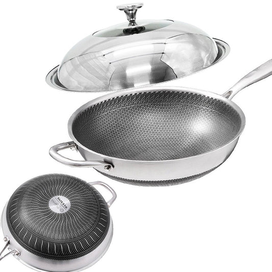 32cm 316 Stainless Steel Non-Stick Stir Fry Cooking Kitchen Wok Pan with Lid Honeycomb Double Sided V255-316-32-LID