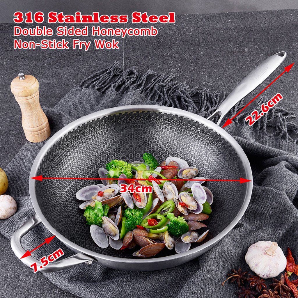 316 Stainless Steel 34cm Non-Stick Stir Fry Cooking Kitchen Wok Pan without Lid Honeycomb Double Sided V255-316-34-NO-LID