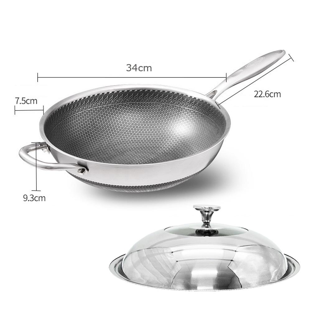 316 Stainless Steel 34cm Non-Stick Stir Fry Cooking Kitchen Wok Pan without Lid Honeycomb Double Sided V255-316-34-NO-LID