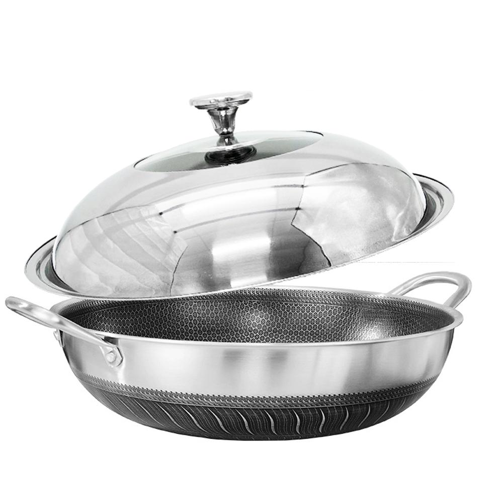 304 Stainless Steel 34cm Non-Stick Stir Fry Cooking Double Ear Kitchen Wok Pan with Lid Honeycomb Double Sided V255-34CM-EAR-LID
