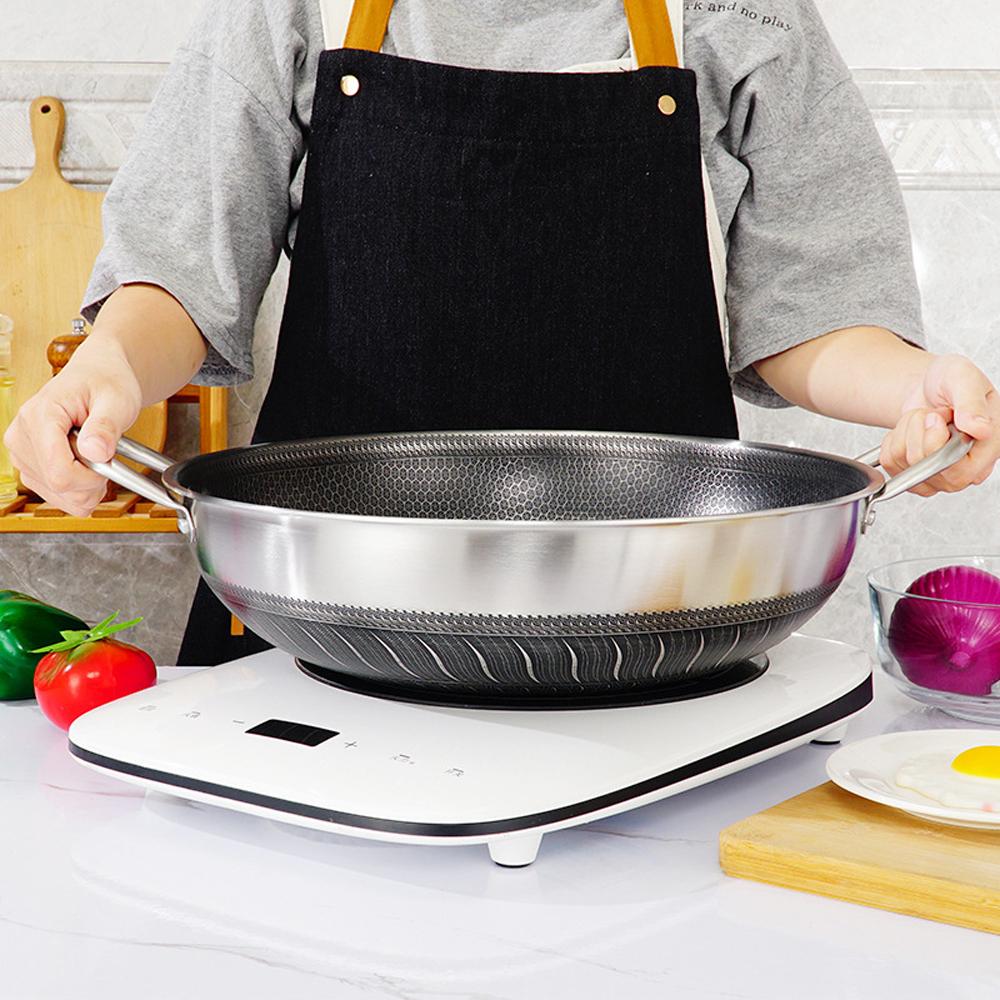 304 Stainless Steel 34cm Non-Stick Stir Fry Cooking Double Ear Kitchen Wok Pan with Lid Honeycomb Double Sided V255-34CM-EAR-LID