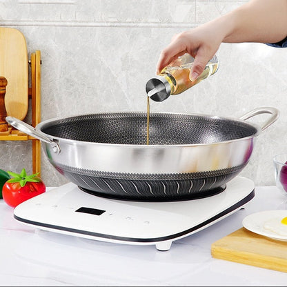 304 Stainless Steel 34cm Non-Stick Stir Fry Cooking Double Ear Kitchen Wok Pan with Lid Honeycomb Double Sided V255-34CM-EAR-LID