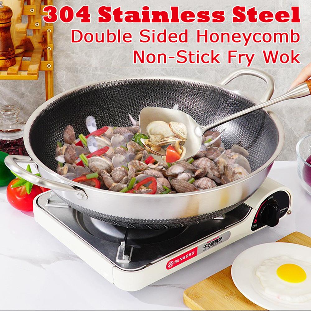 36cm 316 Stainless Steel Non-Stick Stir Fry Cooking Kitchen Wok Pan with Lid Honeycomb Double Sided V255-36CM-DEAR-LID