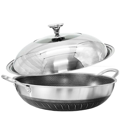Double Ear 304 Stainless Steel 36cm Non-Stick Stir Fry Cooking Kitchen Wok Pan with Lid Honeycomb Double Sided V255-36CM-EAR-LID