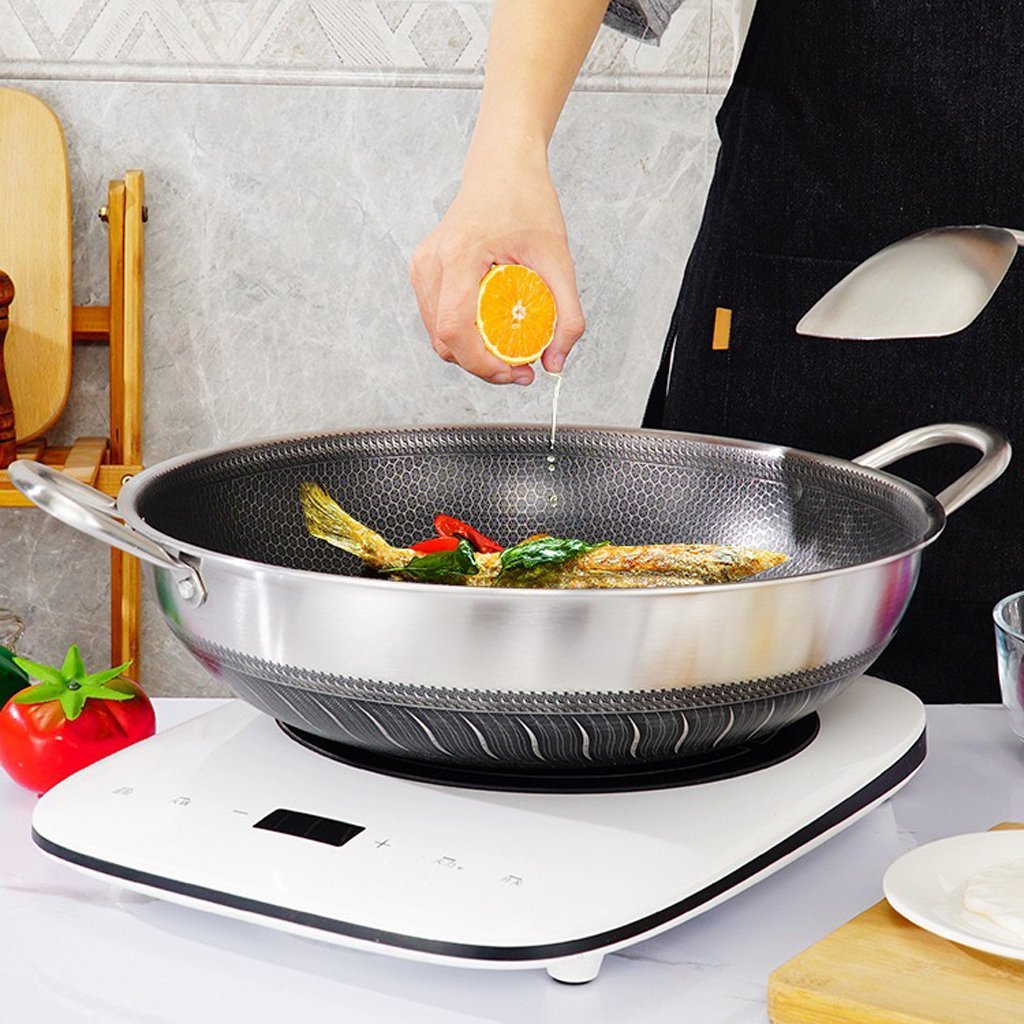 Double Ear 304 Stainless Steel 36cm Non-Stick Stir Fry Cooking Kitchen Wok Pan with Lid Honeycomb Double Sided V255-36CM-EAR-LID