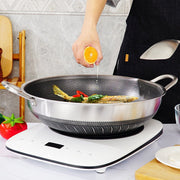 Double Ear 304 Stainless Steel 38cm Non-Stick Stir Fry Cooking Kitchen Wok Pan with Lid Honeycomb Double Sided V255-38CM-EAR-LID