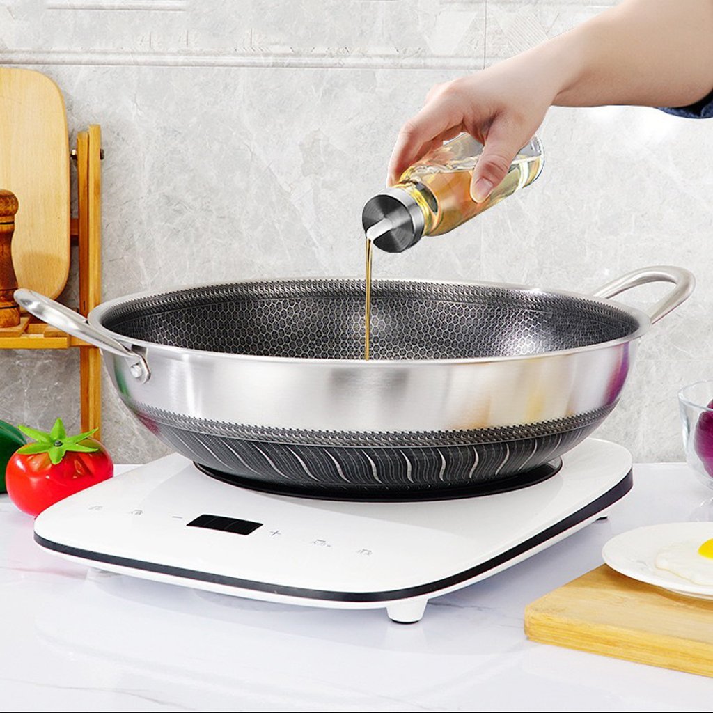 304 Stainless Steel 40cm Double Ear Non-Stick Stir Fry Cooking Kitchen Wok Pan without Lid Honeycomb Double V255-40CM-EAR-NOLID
