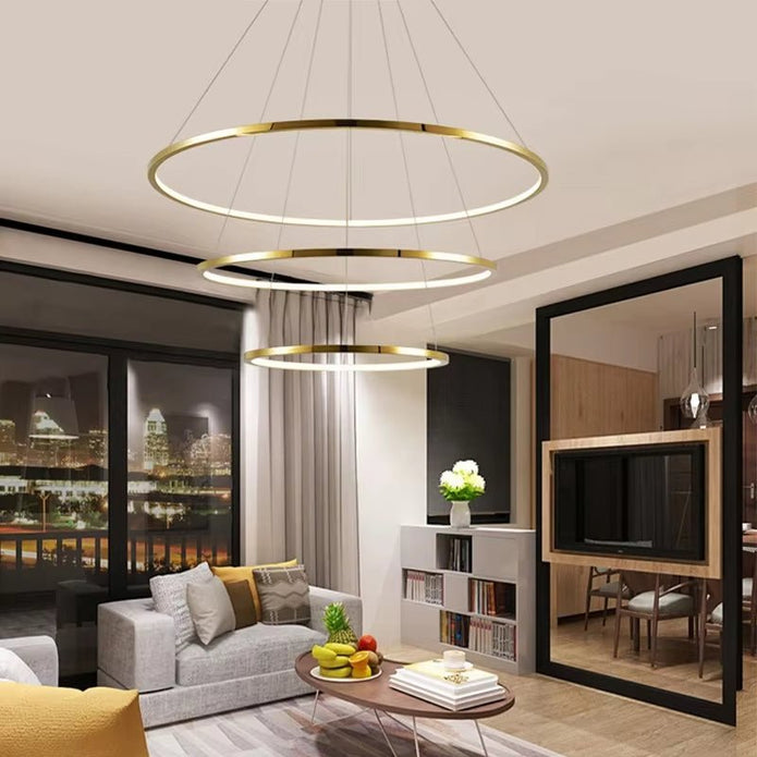 BAMDECOR 18801 Modern LED Chandelier, Dimmable Pendant Light with Remote Control Rings Round Ceiling Lighting V255-BAM-18801/3-GOLD