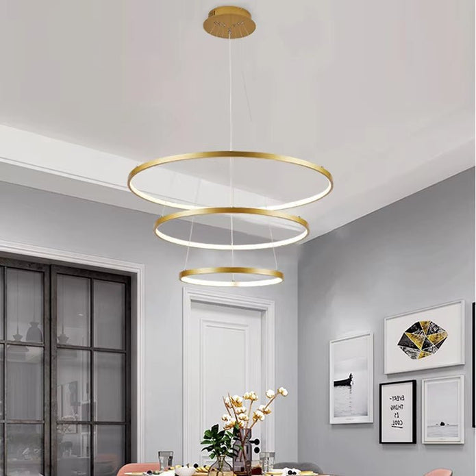 BAMDECOR 18801 Modern LED Chandelier, Dimmable Pendant Light with Remote Control Rings Round Ceiling Lighting V255-BAM-18801/3-GOLD