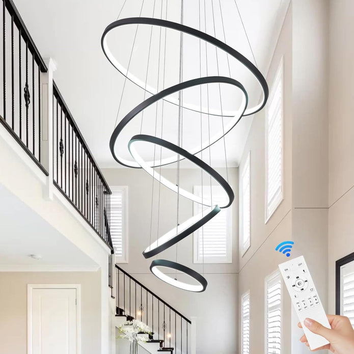 BAMDECOR A18801 Modern LED Chandelier, Dimmable Pendant Light with Remote Control Rings Round Ceiling V255-BAM-18801/5-BLK