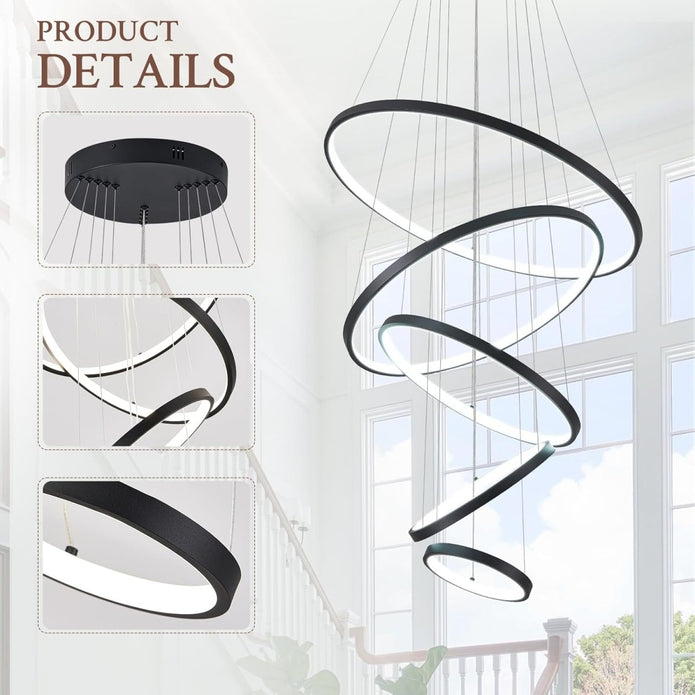 BAMDECOR A18801 Modern LED Chandelier, Dimmable Pendant Light with Remote Control Rings Round Ceiling V255-BAM-18801/5-BLK