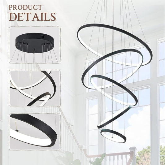 BAMDECOR A18801 Modern LED Chandelier, Dimmable Pendant Light with Remote Control Rings Round Ceiling V255-BAM-18801/5-BLK