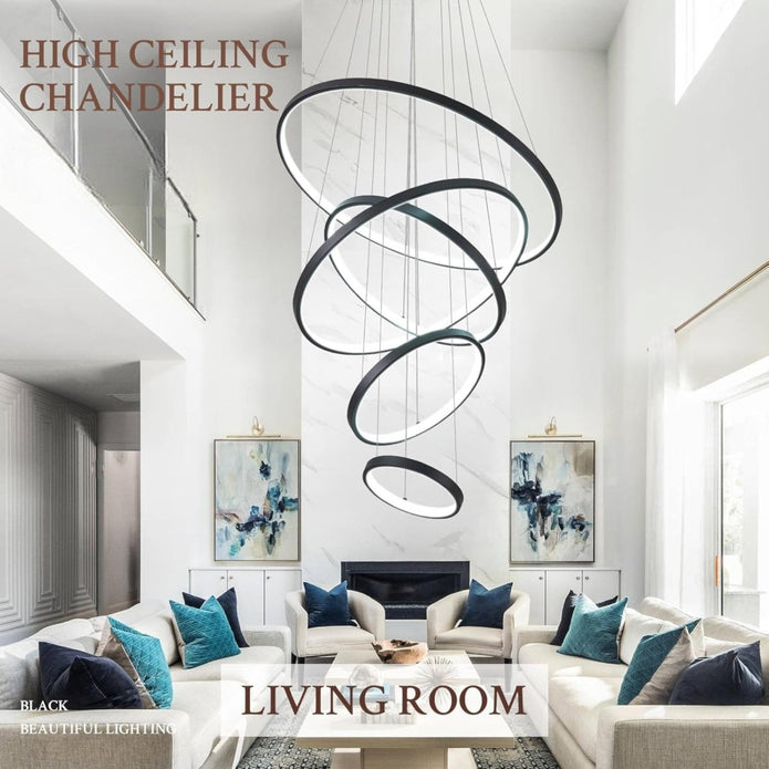 BAMDECOR A18801 Modern LED Chandelier, Dimmable Pendant Light with Remote Control Rings Round Ceiling V255-BAM-18801/5-BLK