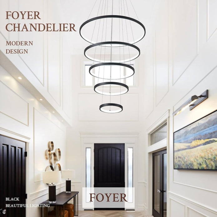 BAMDECOR A18801 Modern LED Chandelier, Dimmable Pendant Light with Remote Control Rings Round Ceiling V255-BAM-18801/5-BLK