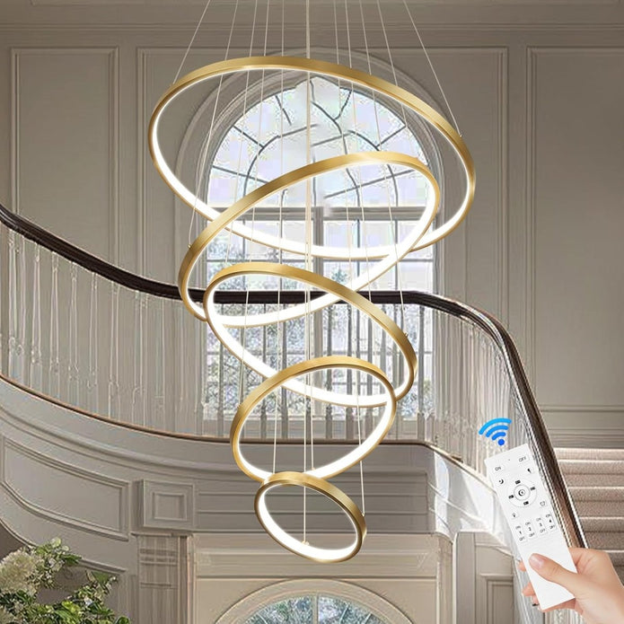 BAMDECOR A18801 Modern LED Chandelier, Dimmable Pendant Light with Remote Control Rings Round Ceiling V255-BAM-18801/5-GOLD