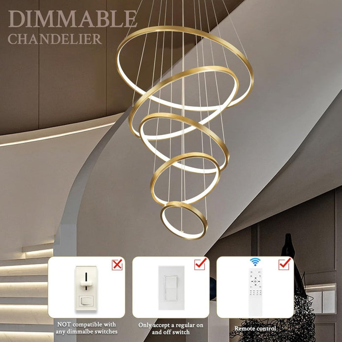 BAMDECOR A18801 Modern LED Chandelier, Dimmable Pendant Light with Remote Control Rings Round Ceiling V255-BAM-18801/5-GOLD