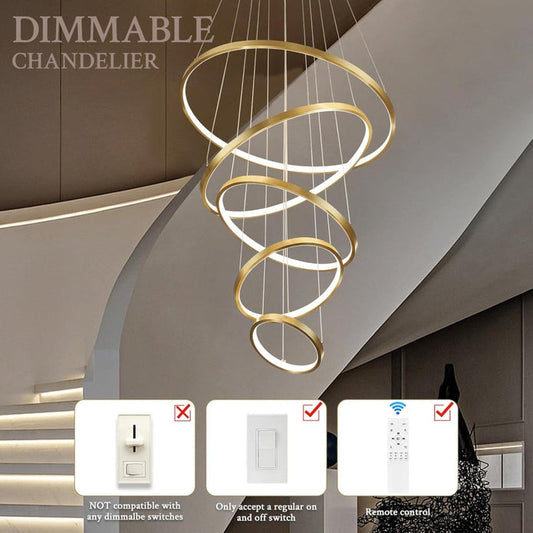 BAMDECOR A18801 Modern LED Chandelier, Dimmable Pendant Light with Remote Control Rings Round Ceiling V255-BAM-18801/5-GOLD