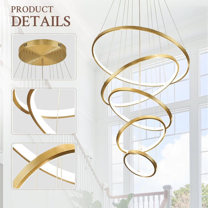 BAMDECOR A18801 Modern LED Chandelier, Dimmable Pendant Light with Remote Control Rings Round Ceiling V255-BAM-18801/5-GOLD
