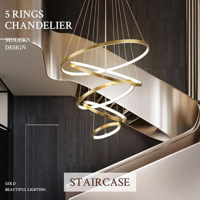 BAMDECOR A18801 Modern LED Chandelier, Dimmable Pendant Light with Remote Control Rings Round Ceiling V255-BAM-18801/5-GOLD